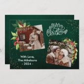 2フォトシーズンのグリーティングホリーベリークリスマス シーズンカード (正面/裏面)