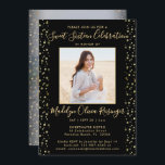 2フォトスイート16ブラックモダンおよび金ゴールドグリッター 招待状<br><div class="desc">招待状の家族と友達エレガントは、この黒と金ゴールドのスタイリッシュグリッター2写真の招待で彼女のための甘い16歳のバースデーパーティーにフェイク。全ての文字シンプルはカスタマイズの。(画像の配置のヒント：写真を正確に中央に配置する簡単方法は、Zazzleウェブサイトにアップロードする前にトリミングする。 デザインのかわいらし特徴カスケーディング金ゴールドフェイクグリッター、お好みの2つの写真、シックな手書きスタイルスクリプト書、およびミニマルモダンタイポグラフィ。このテンプレートは16歳の誕生日パーティー用に設定されているが、年齢やパーソナライズされたイベントに応じて設定できる。トレンディーデザインは女の子に10代の最適。ハッピースウィート16!背面の写真例はAverie Woodardによる(Unsplashの@averieclaireを参照)。</div>