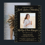 2フォトスイート16ブラックモダンおよび金ゴールドグリッター 招待状<br><div class="desc">招待状の家族と友達エレガントは、この黒と金ゴールドのスタイリッシュグリッター2写真の招待で彼女のための甘い16歳のバースデーパーティーにフェイク。全ての文字シンプルはカスタマイズの。(画像の配置のヒント：写真を正確に中央に配置する簡単方法は、Zazzleウェブサイトにアップロードする前にトリミングする。 デザインのかわいらし特徴カスケーディング金ゴールドフェイクグリッター、お好みの2つの写真、シックな手書きスタイルスクリプト書、およびミニマルモダンタイポグラフィ。このテンプレートは16歳の誕生日パーティー用に設定されているが、年齢やパーソナライズされたイベントに応じて設定できる。トレンディーデザインは女の子に10代の最適。ハッピースウィート16!背面の写真例はAverie Woodardによる(Unsplashの@averieclaireを参照)。</div>