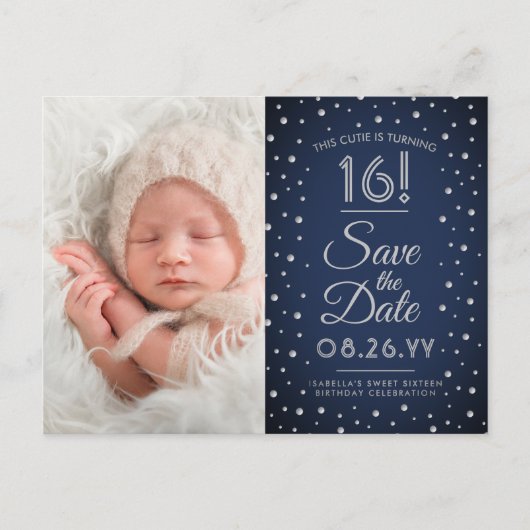2フォトスイート16誕生日ネイビーブルー日付を保存 インビテーションポストカード (正面)