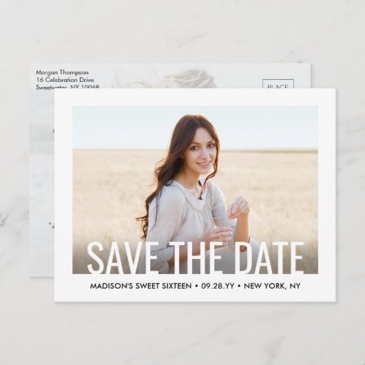 2フォトスイート16誕生日モダン日付の保存 案内ポストカード (正面/裏面)
