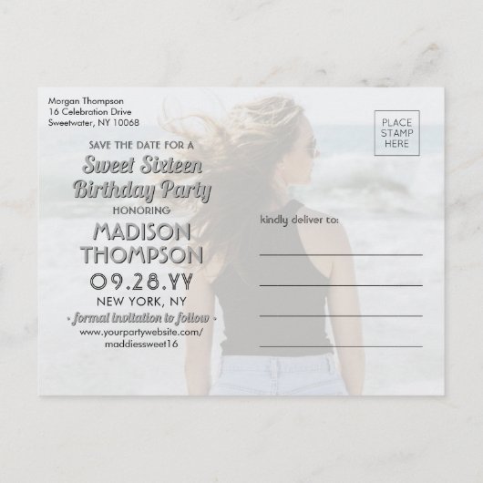 2フォトスイート16誕生日モダン日付の保存 案内ポストカード (裏面)