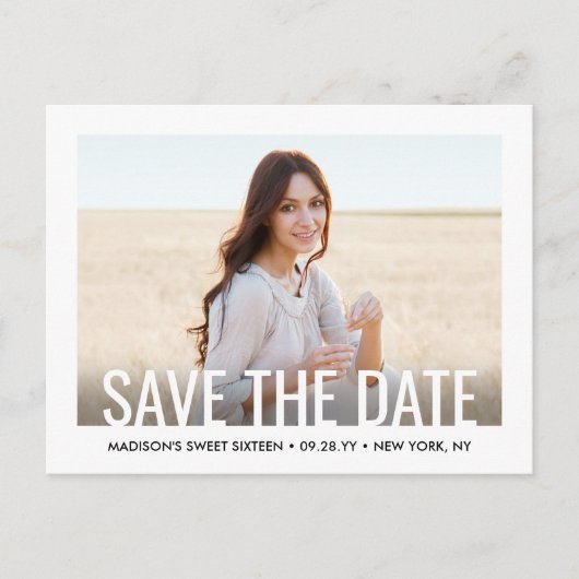 2フォトスイート16誕生日モダン日付の保存 案内ポストカード (正面)