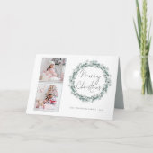 2フォトスクリプトティール（緑がかった色）葉リースメリークリスマス シーズンカード (正面)