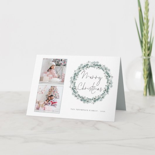 2フォトスクリプトティール(緑がかった色)葉リースメリークリスマス シーズンカード (正面)