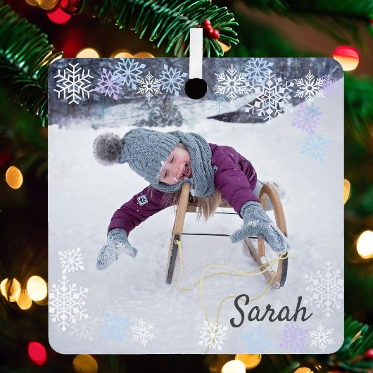 2フォトスノーオーバーレイデザイン雪片を追加 メタルオーナメント