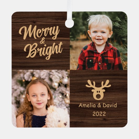 2フォトチャイルドウッドクリ素朴スマス メタルオーナメント (正面)