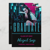 2フォトトレンディーモダンアクアピンクブラック卒業 招待状 (正面/裏面)