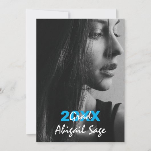 2フォトトレンディーモダンブルーとホワイトの卒業 招待状 (正面)