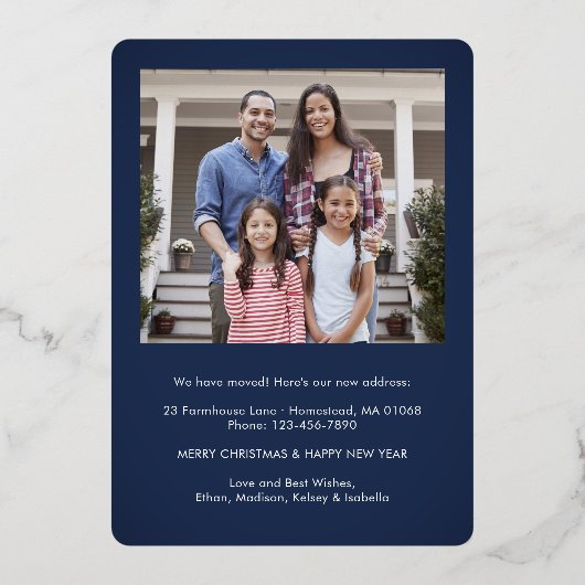 2フォトニューホームアドレスネイビーブルーとバラ金ゴールド 箔シーズンカード (裏面)