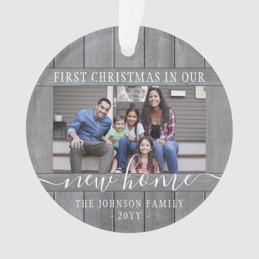 2フォトニューホームファーストクリスマスグレイフェイクウッドラウンド オーナメント (正面)