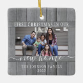 2フォトニューホーム初めてのクリスマスグレイフェイクウッド セラミックオーナメント (正面)