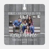 2フォトニューホーム初めてのクリスマスグレイフェイクウッド メタルオーナメント (正面)