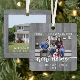 2フォトニューホーム初めてのクリスマスグレイフェイクウッド メタルオーナメント