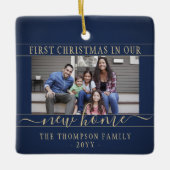 2フォトニューホーム初めてのクリスマスネイビーブルー&金ゴールド セラミックオーナメント (正面)