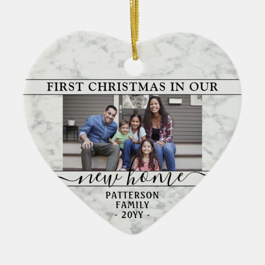 2フォトニューホーム初めてのクリスマスフェイク大理石ハート セラミックオーナメント (正面)