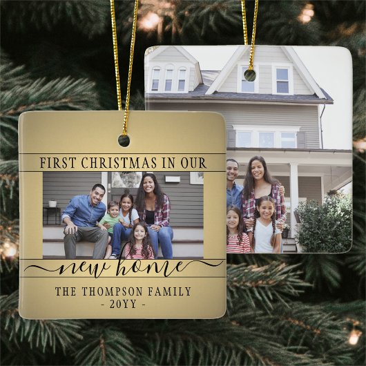 2フォトニューホーム初めてのクリスマスフェイク金ゴールドとブラック セラミックオーナメント