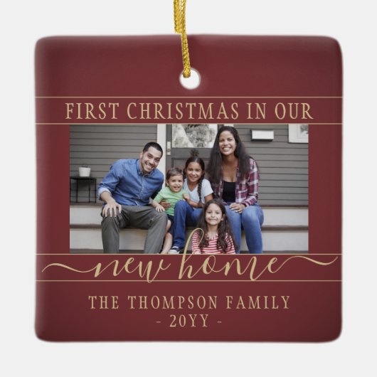 2フォトニューホーム初めてのクリスマスブルゴーニュと金ゴールド セラミックオーナメント (正面)