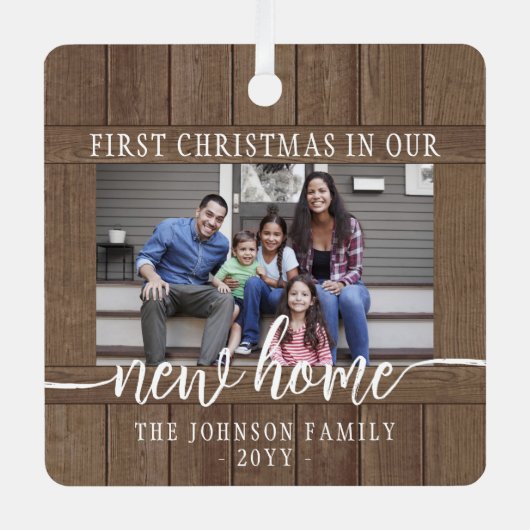 2フォトニューホーム初めてのクリスマス素朴ズフェイクウッド メタルオーナメント (正面)