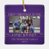 2フォトニューホーム初めてのクリスマス紫と金ゴールド セラミックオーナメント (正面)