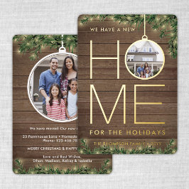 2フォトニューホーム素朴ウッド、松&ストリングライト 箔シーズンカード