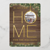 2フォトニューホーム素朴ウッド、松&ストリングライト 箔シーズンカード (正面)