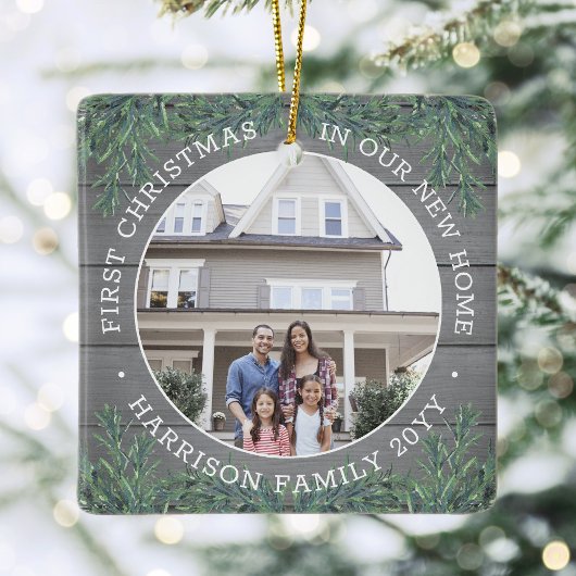 2フォトニューホーム1stクリスマスグレイフェイクウッド&パイン セラミックオーナメント