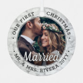 2フォトニューライウェッド1stクリスマス結婚した大理石フェイク メタルオーナメント (正面)