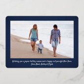 2フォトネイビーブルージョイモダンスクリスマスオーナメント 箔シーズンカード (裏面)