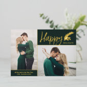 2フォトハッピンエレガントグホリデー |緑 箔シーズンカード (立ち正面)