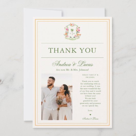 2フォトパームツリーモノグラム結婚のサンキューカード サンキューカード (正面)