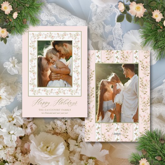 2フォトピンクフローラコテージコアクリスマスホリデー シーズンカード
