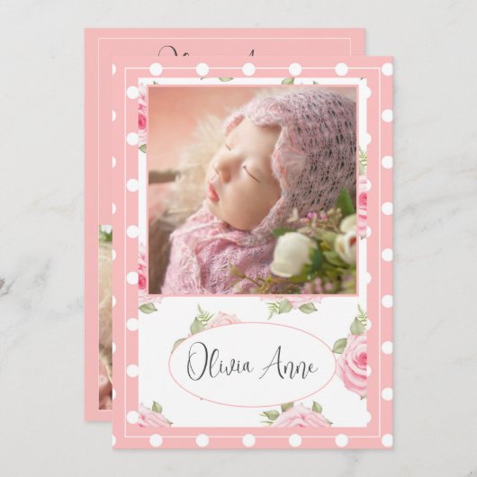 2フォトピンクローズ水玉模様ベビーガール誕生 案内状 (正面/裏面)