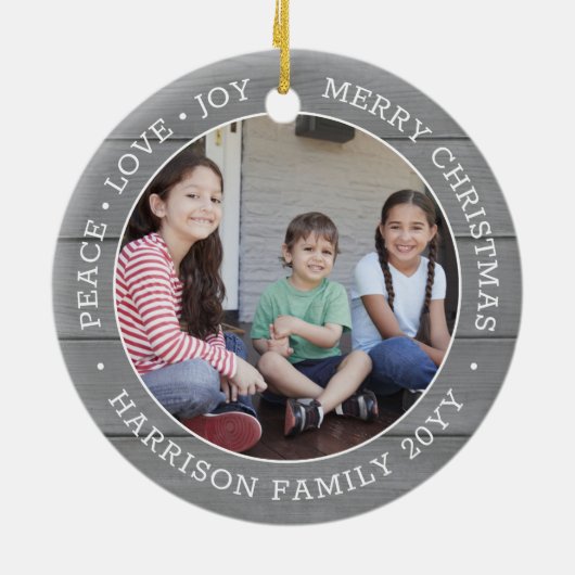 2フォトピースラブジョイメリークリスマスグレイフェイクウッド セラミックオーナメント (裏面)