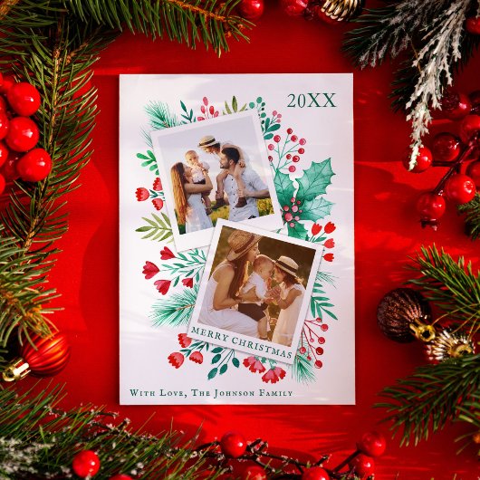 2フォトファミリークリスマスカード水色の葉 シーズンカード