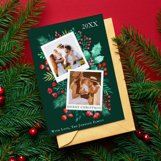 2フォトファミリークリスマスカード水色の葉 シーズンカード