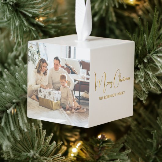 2フォトファミリーシンプルクリスマスホリデー キューブオーナメント (ツリー)
