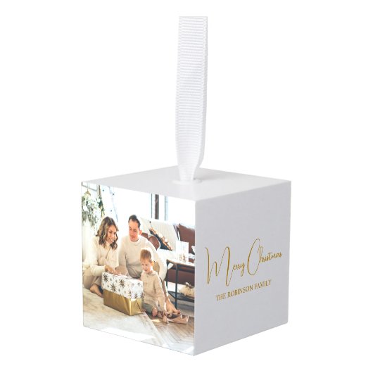 2フォトファミリーシンプルクリスマスホリデー キューブオーナメント (正面アングル)