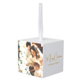 2フォトファミリーシンプルクリスマスホリデー キューブオーナメント (裏面アングル)