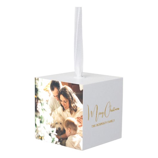 2フォトファミリーシンプルクリスマスホリデー キューブオーナメント (裏面アングル)