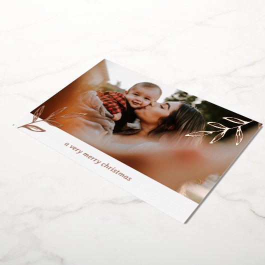 2フォトフォイル葉シンプルの家族のクリスマス 箔シーズンカード (回転した状態)