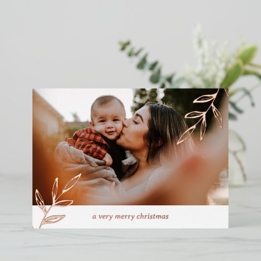 2フォトフォイル葉シンプルの家族のクリスマス 箔シーズンカード (立ち正面)