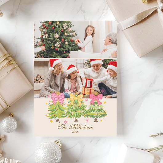 2フォトブライトリボンツリーズホリデーファミリー シーズンカード