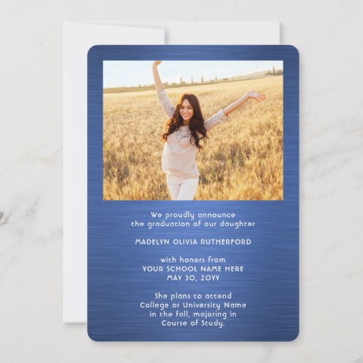 2フォトブラシ付き青と白のスクリプト卒業 案内状 (裏面)