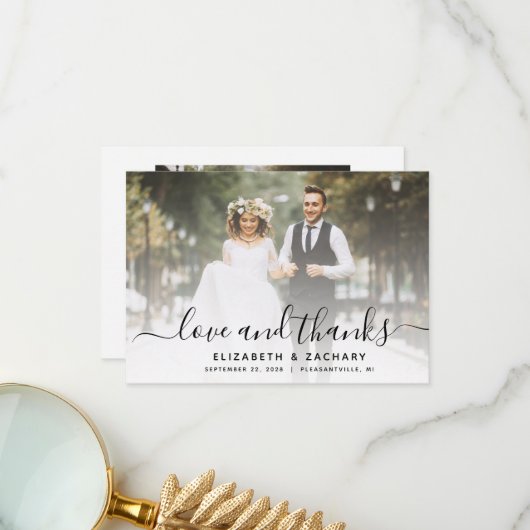2フォトブラックスクリプト結婚の サンキューカード (正面/裏面インサイチュ)