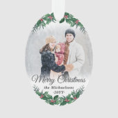 2フォトホリーエレガントグリーンリーメリークリスマス オーナメント (正面)