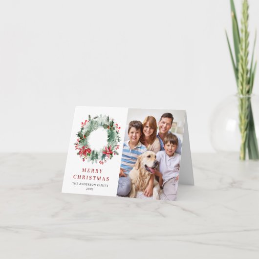 2フォトホリーベリーリースクリスマスグリーティング シーズンカード (正面)