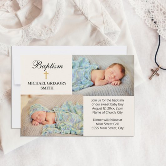 2フォトボーイガール金ゴールドクロス宗教バプテスマ 招待状