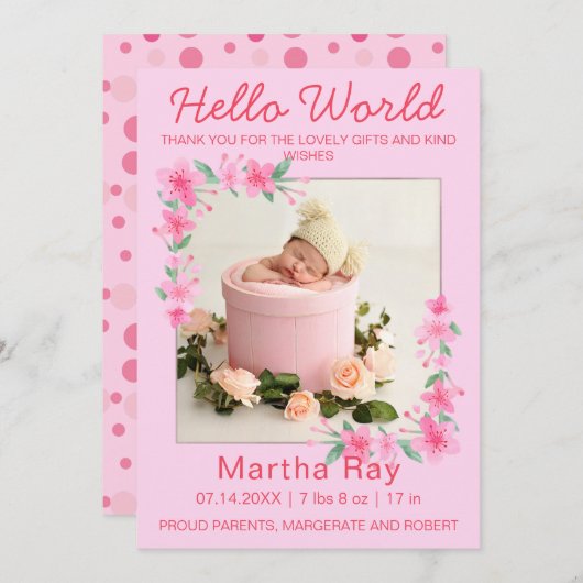 2フォトミニマリストハローワールド生まれたばかりの誕生 サンキューカード (正面/裏面)