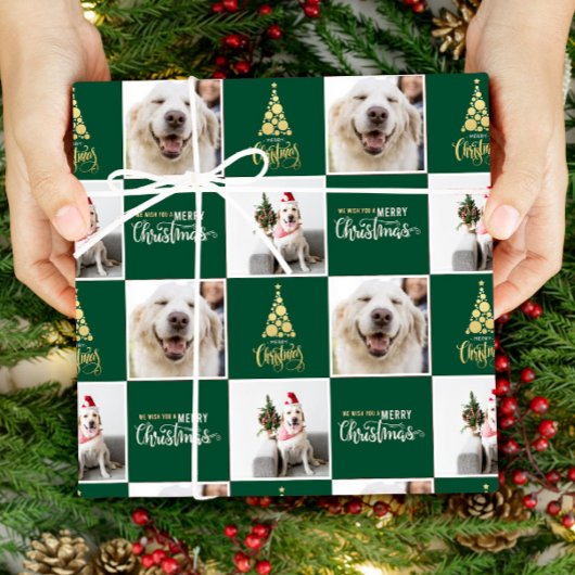 2フォトメリーエレガントクリスマス金ゴールドグリーン ラッピングペーパー